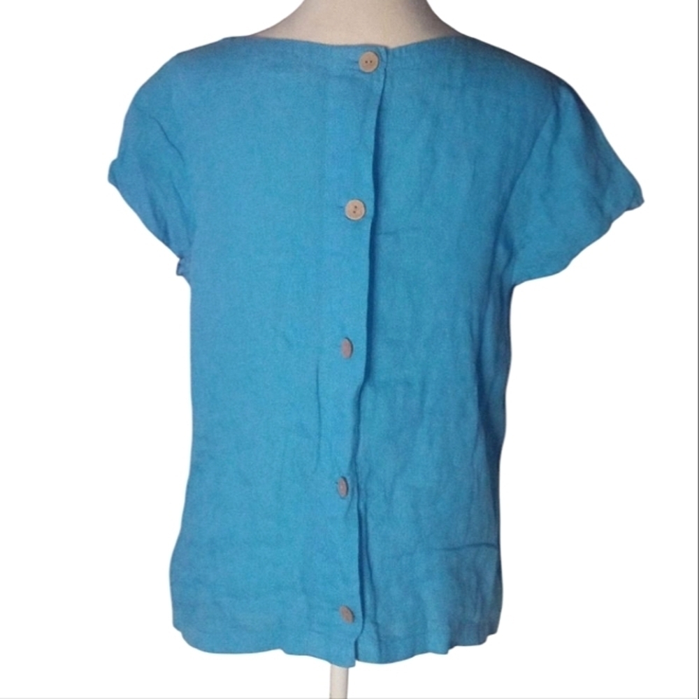 C & C California Breezy Bright Blue Button Back 100% Linen Blouse Size Medium - Picture 2 of 7